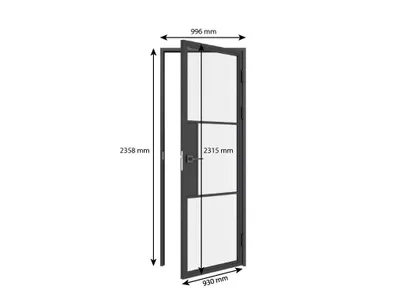 Maßzeichnung einer Glas-Zimmertür mit Höhen- und Breitenangaben