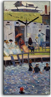 Produktbild von Wandbild Leinwand Bilder Wanduhr 30x60 Gemälde See Dorf Boot Wald Bäume Kunst - schwarze Hände