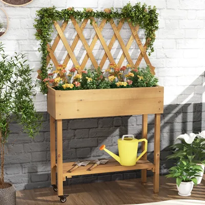 Obrázok produktu pre Drevený vyvýšený záhon s mriežkou, mobilný vyvýšený box na sadenie so stojanom na náradie, uzamykateľnými kolieskami, vnútorným obložením a drenážnymi otvormi, nádoba na pestovanie
