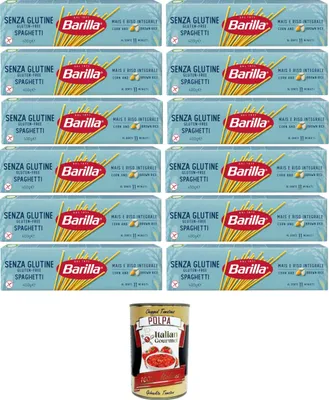 Produktbild von Barilla Pasta Nudeln Glutenfreie Spaghetti aus köstlichem Mais und Reis – perfekt für Menschen mit Zöliakie oder Glutenunverträglichkeit, (12 x 400 g) + Italian Gourmet polpa 400g