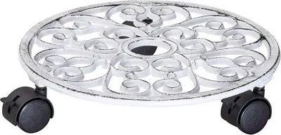 Produktbild von Famanu Pflanzenroller Durchmesser 29 x 6,5 cm - Blumenroller für Innen und Außen, Gusseisen, weiß mit 2 Bremsen, Tragkraft 50 kg