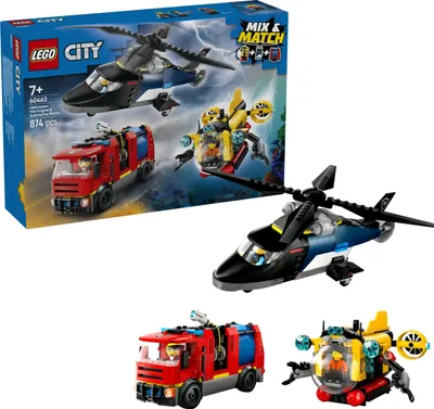 Productafbeelding van LEGO City Combinatieset met helikopter, brandweerwagen en onderzeeër, en 3 minifiguren - Bouwbare speelgoedvoertuigen voor jongens en meisjes vanaf 7 jaar - Cadeau voor verjaardag en feestdagen. Artikelnummer: 60462