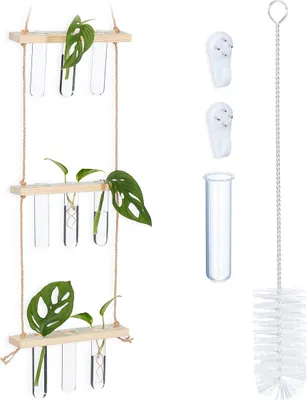 Obrázek produktu pro Relaxdays Stanice pro rozmnožování rostlin, závěsná, zkumavkové vázy s dřevěnou policí, hydrokultura, 3 úrovně, přírodní/průhledná