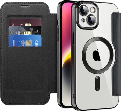 Image de Etui pour iPhone 15 compatible avec MagSafe, étui transparent avec porte-cartes, étui en cuir avec protection de l'appareil photo noir