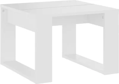 A white, modern-looking side table with an open, cube-like design.
