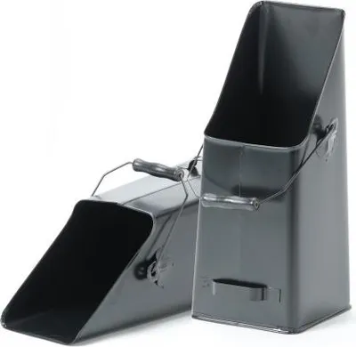 Two black metal coal scuttles are shown against a white background. One is in the foreground, angled towards the left, and the other is behind it and to the right, standing upright.