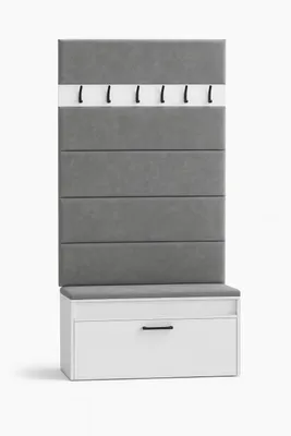 Produktbild von Flur-Set IGO – Schuhschrank mit Sitzbank & Stauraum, 5 gepolsterte Wandpaneele (100×35) und Wandgarderobe mit 6 schwarzen Haken – Weiß, modernes Garde