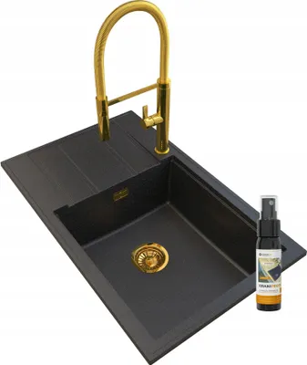 Image de Granitan | Evier en granit LOUIS GOLD - noir avec particules dorées scintillantes - encastré avec égouttoir