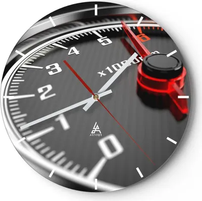 Produktbild von Wanduhr - Rund - Glasuhr - Tachometer Auto Pfeil - 40x40cm - Schleichendes Uhrwerk - Lautlos - zum Aufhängen bereit - Dekoration Modern - Wanddekoration aus Glas - C3AR40x40-2688