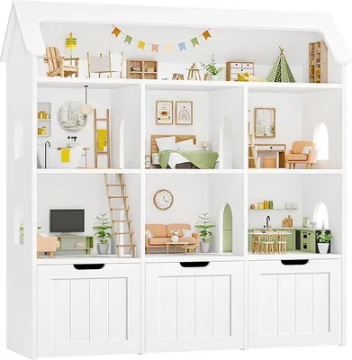 Image de Étagère pour enfants avec boîtes sur roulettes, étagère à livres pour enfants avec 3 niveaux, meubles pour chambre d'enfant, étagère à jouets, étagère de rangement, bibliothèque pour enfants, armoire pour enfants en forme de maison, blanche, dimensions : 120 x 117,5 x 30 cm