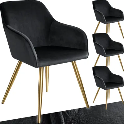 A collage of black velvet dining chairs with gold legs against a white background.