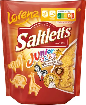 A bag of Lorenz Saltletts Junior Farm animal-shaped crackers.