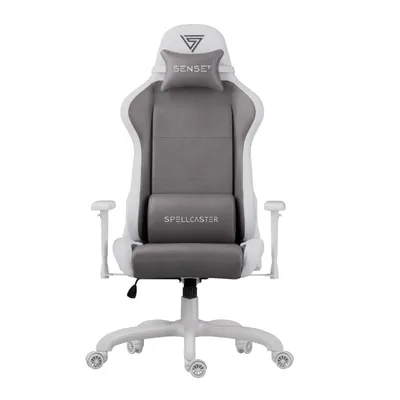 A white and gray gaming chair is shown from the front against a white background.