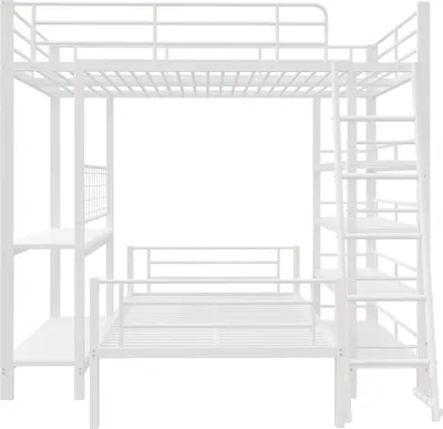 A white metal bunk bed with a desk and ladder, shown from the front.