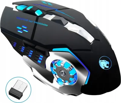 A close-up, angled view of a black and silver gaming mouse with blue LED lighting. A small USB receiver is shown in a circular inset in the lower-left corner.