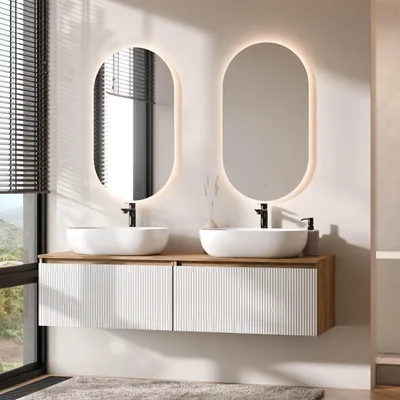 Produktbild von Planetmöbel ARISA Doppelwaschtisch 160 cm in Weiß Geriffelt mit 2 LED Spiegel und 2 weißen Keramik-Aufsatzwaschbecken 60 cm