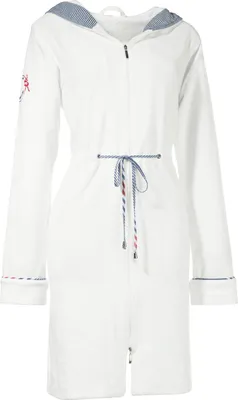 A white hooded robe with blue and red trim and a drawstring.