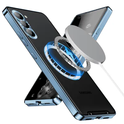 A blue metallic phone case with a transparent back is shown with a magnetic charging ring and cable.