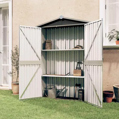 An open garden shed filled with gardening tools and supplies, set against a house wall with a window.