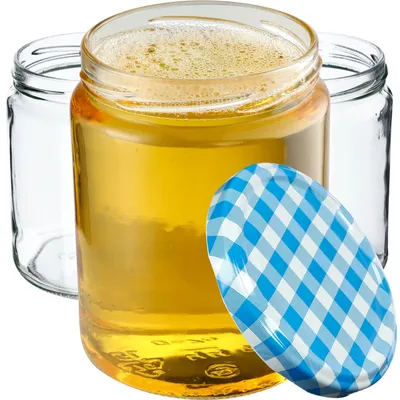 Produktbild von KADAX Einmachgläser mit Deckel "Maki", Marmeladengläser, Einweckgläser, 540 ml, Blau kariert, 16 Stück