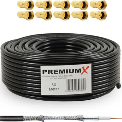 Produktbild von PremiumX 50m BASIC Koaxialkabel schwarz 135dB 4-fach SAT Kabel 10x F-Stecker