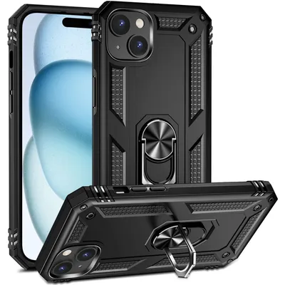 Immagine prodotto di Custodia per iPhone 15 a doppio strato robusta, protezione militare con supporto ad anello e supporto nero