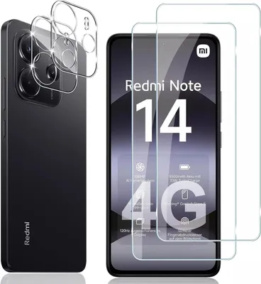 A black smartphone with a camera lens protector and two screen protectors in front of it. The phone screen displays marketing information for the 'Redmi Note 14 4G'.
