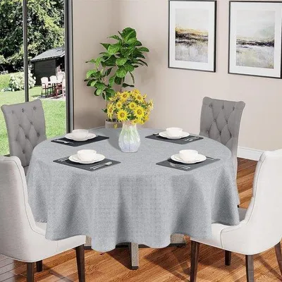Obrázok produktu pre Unyqoos® Okrúhla obrus, priemer 140 cm, svetlosivá – vzhľad ľanu, 100% polyester, vodeodolná a olejodolná, umývateľná, vhodná na vnútorné aj vonkajšie použitie