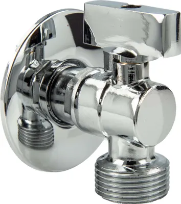 A close-up studio shot of a chrome-plated brass angle ball valve with a wall escutcheon.