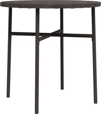 A brown poly rattan side table with four legs and a cross-brace support.