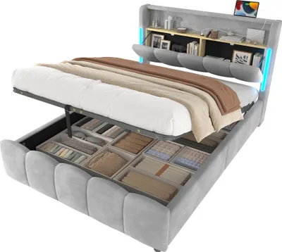 Produktbild von Polsterbett mit LED-Beleuchtung, USB/Type-C Anschlüsse und Stauraum, 140x200cm, Doppelbett, Stauraumbett, Samt