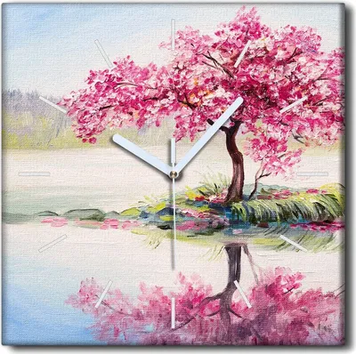 Produktbild von Coloray Uhr auf Leinwand 30x30 cm Wand Uhr Dekoration Wohnzimmer Segeltuch weiße Zeiger -Kirschbaumlandschaft.