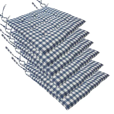 Produktbild von Stuhlkissen 40x40 cm ComfySeat - Sitzkissen mit Bändern / Schleife, 9-fache Steppung - Indoor & Outdoor, Farbe:Karo-Blau, Set:6er Set