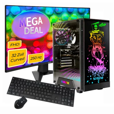 GAMEMAX Gaming-PC MegaDeal Rockstar Komplett-SET i5 14400F 16GB RAM 1TB SSD RTX 5060 W11 + MSI MAG 32C6X Curved Monitor 80cm (32") + Maus & Tastatur