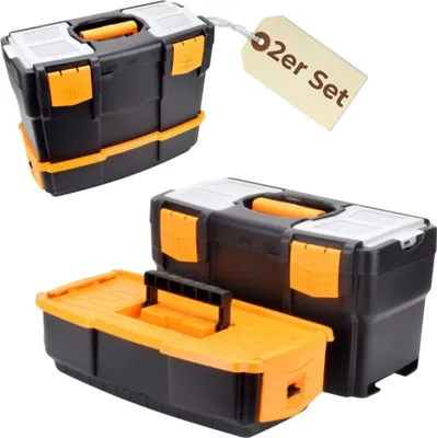 Produktbild von 2er Set Werkzeugkoffer leer Doppelfach 2in1 Werkzeugkasten Groß Werkzeugkiste Werkzeugkästen Kunststoff Angel Box Kiste Haushalt Tool Box Set