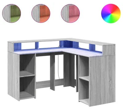 Image de vidaXL Bureau LED gris Sonoma 130x130x91 cm Bois composite