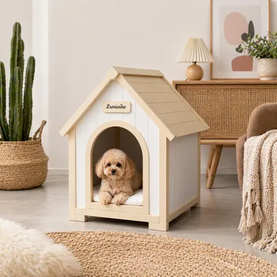 Productafbeelding van Kattenhuis en hondenhuis vangecertificeerd massief hout, Scandinavisch design, geschikt voor kleine huisdieren (crème wit), AI-gegenereerde afbeelding