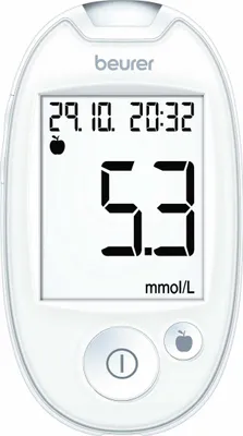 A white Beurer blood glucose meter is shown against a white background.