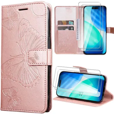 Image de Coque + 2 Verres Trempés pour iPhone 17, Protection Cuir Synthétique Antichoc Rose Motif Papillon