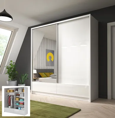 Image de Armoire à portes coulissantes pour chambre à coucher avec tiroirs et miroir, blanc / blanc brillant - Largeur : 200-204 cm