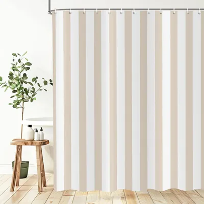 Immagine prodotto di Tenda da doccia beige e bianca, con 12 ganci, impermeabile, in poliestere, per il bagno