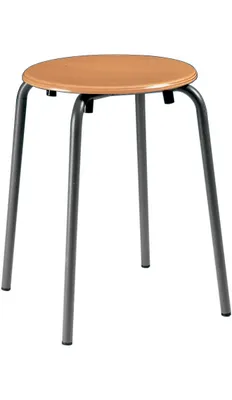 A simple, round stool with a wooden seat and four metal legs.