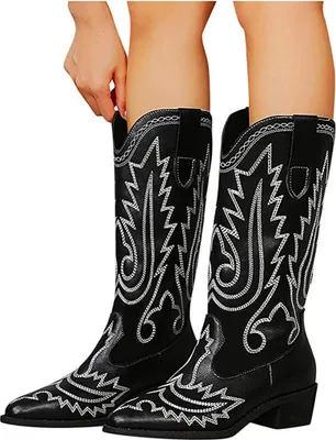 Produktbild von ASKSA Damen Cowboystiefel Zehenpartie Modische Hohe Bestickter Stiefel, Schwarz, Größe: 42