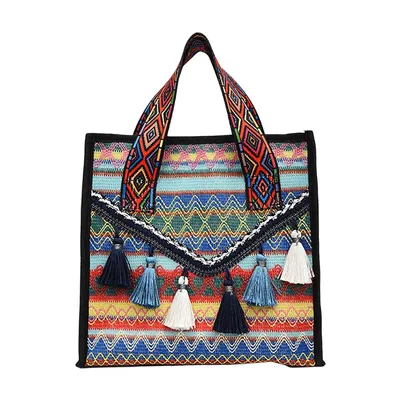 Produktbild von Damen Geflochten Handtasche mit Quasten, Vintage Ethno-Stil Henkeltasche, Blau