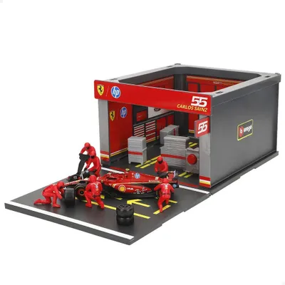 Produktbild von Bburago Set Box Ferrari Sf23 Carlos Sainz With 6 Mechanics Auto Rot  Kinder Rot One Size