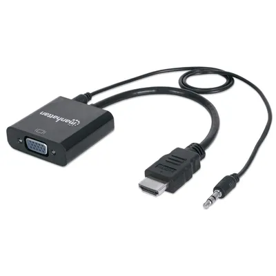 Produktbild von Manhattan HDMI auf VGA Konverter, HDMI-Stecker auf VGA-Buchse, mit Audio, optionaler USB Micro-B-Stromport, schwarz, 0,3 m, HDMI + 3.5mm, VGA (D-Sub), Männlich, Weiblich, Gerade