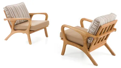 Productafbeelding van Moderne fauteuils in beige kleur, met een houten frame en stoffen bekleding, verkrijgbaar in een set van twee