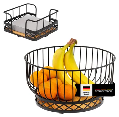 Immagine prodotto di set di 2 cestini da frutta bremermann con portatovaglioli, fruttiera/cestino da pane in bambù e metallo
