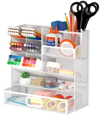 Schreibtisch-Organizer aus Metall, 13 Fächer, mit Schublade, Weiß