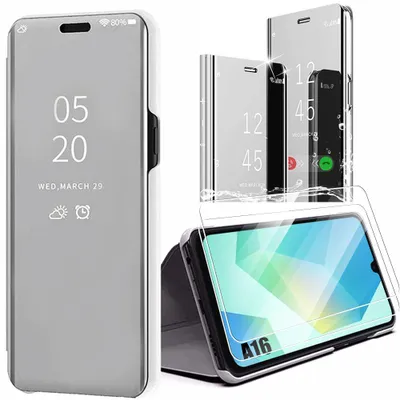 Image de Coque et 2 Verres Trempés pour Samsung Galaxy A16 4G/5G, Protection Smart Case Effet Miroir Fenêtre Translucide Argenté